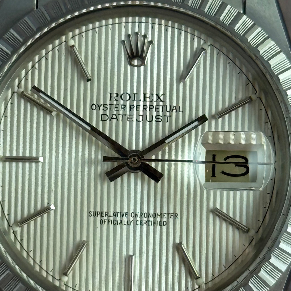 1986 Rolex Datejust 36 silver “tapestry” steel men’s watch boxed MINT CONDITION