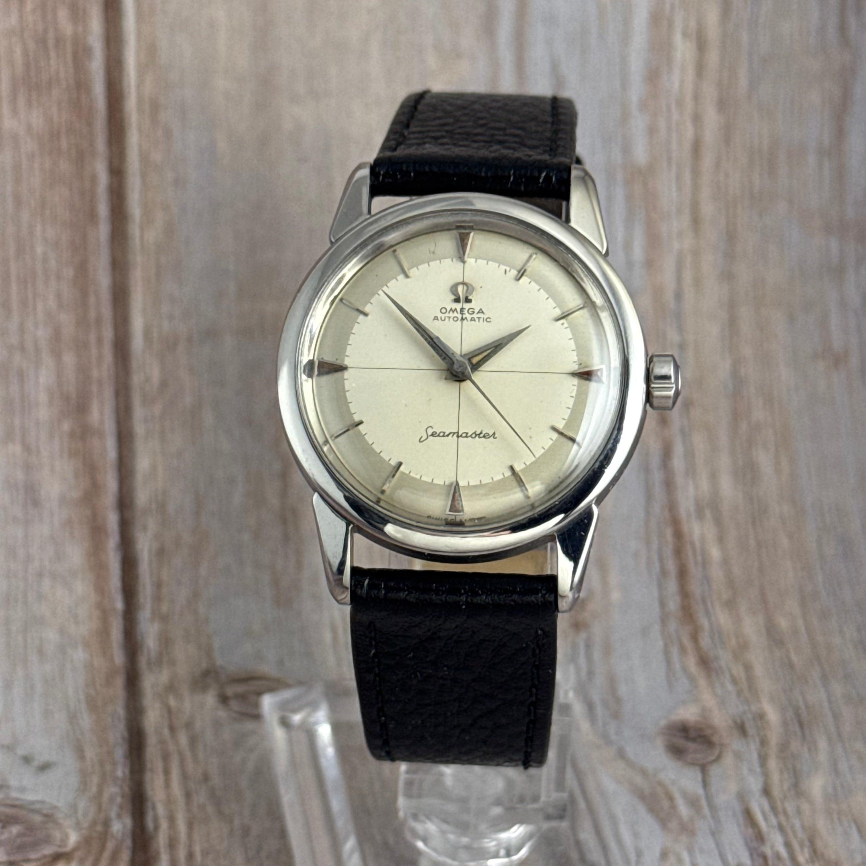 1958 Omega Seamaster automatic men’s cross-hair wrist watch two tone dial steel