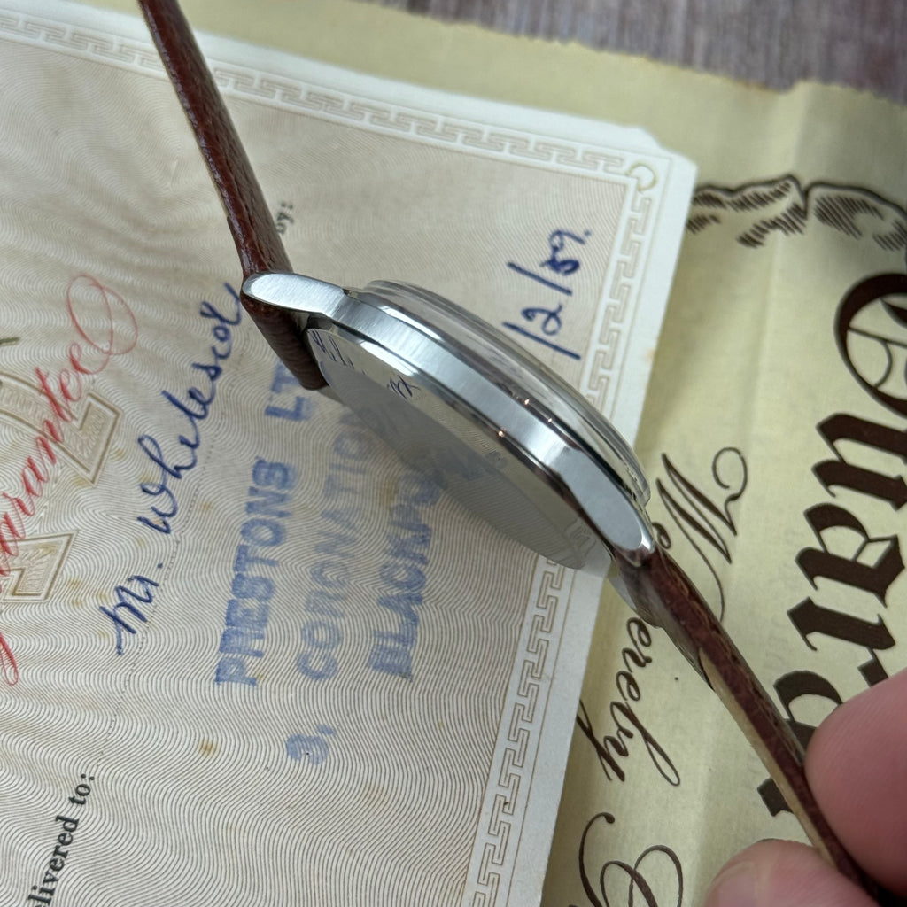 1958 Omega gentlemen’s steel wrist watch manual wind 34mm with papers ref (13332)