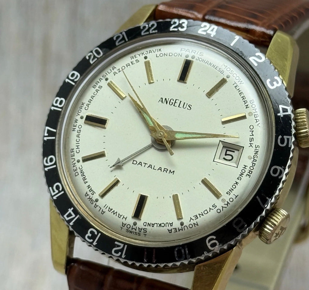 Vintage Angelus Datalarm Manual Wind Men’s World Time Watch 24hr  Bezel 35mm