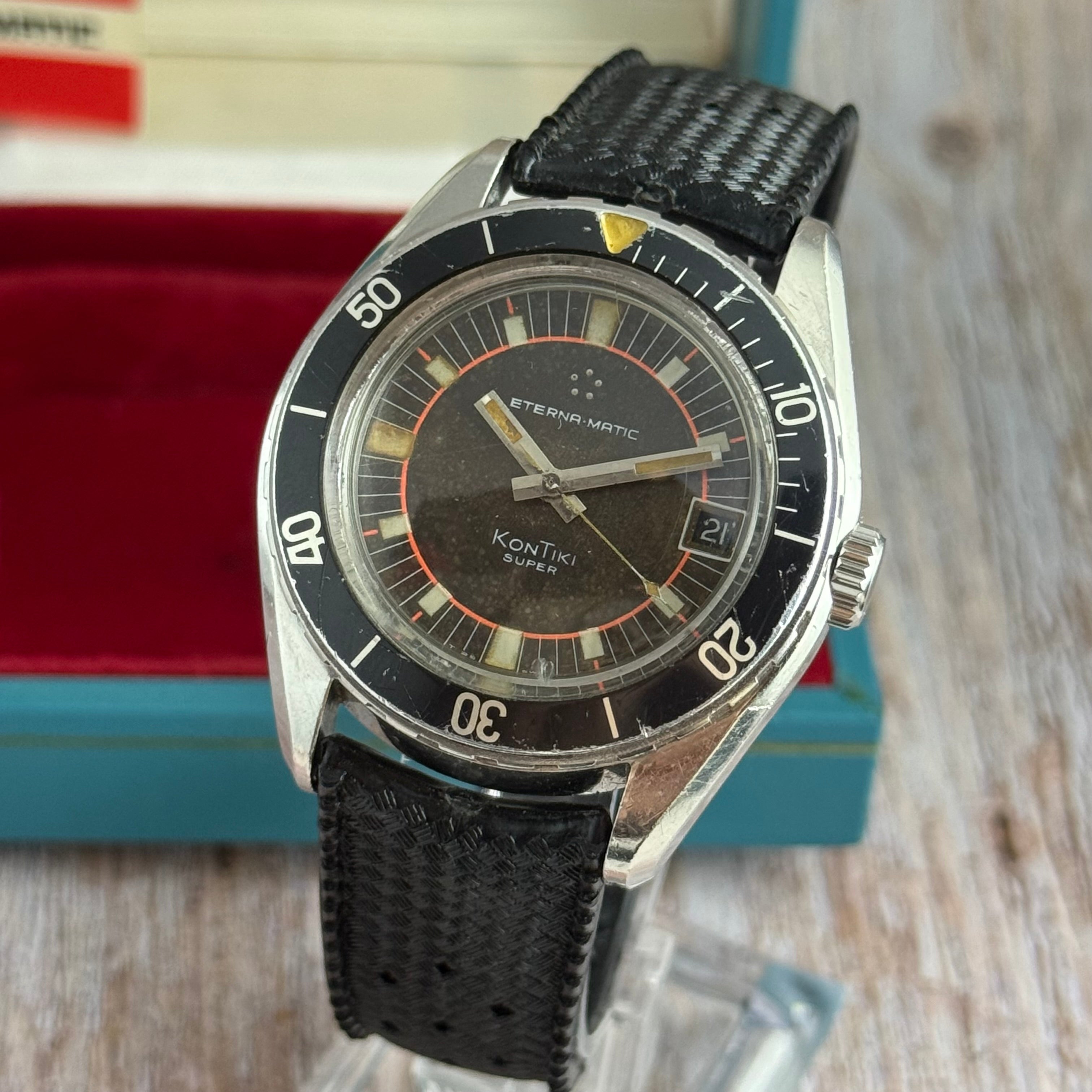 1970s Eterna-Matic KonTiki IDF military issue divers watch automatic boxed ‘chocolate’ tropical dial