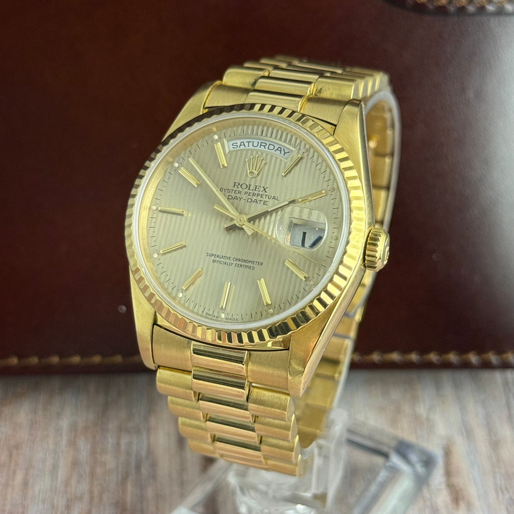 1989 Rolex Day-Date 36 ‘President’ men’s yellow gold watch tapestry dial gold jubilee bracelet, box & booklets