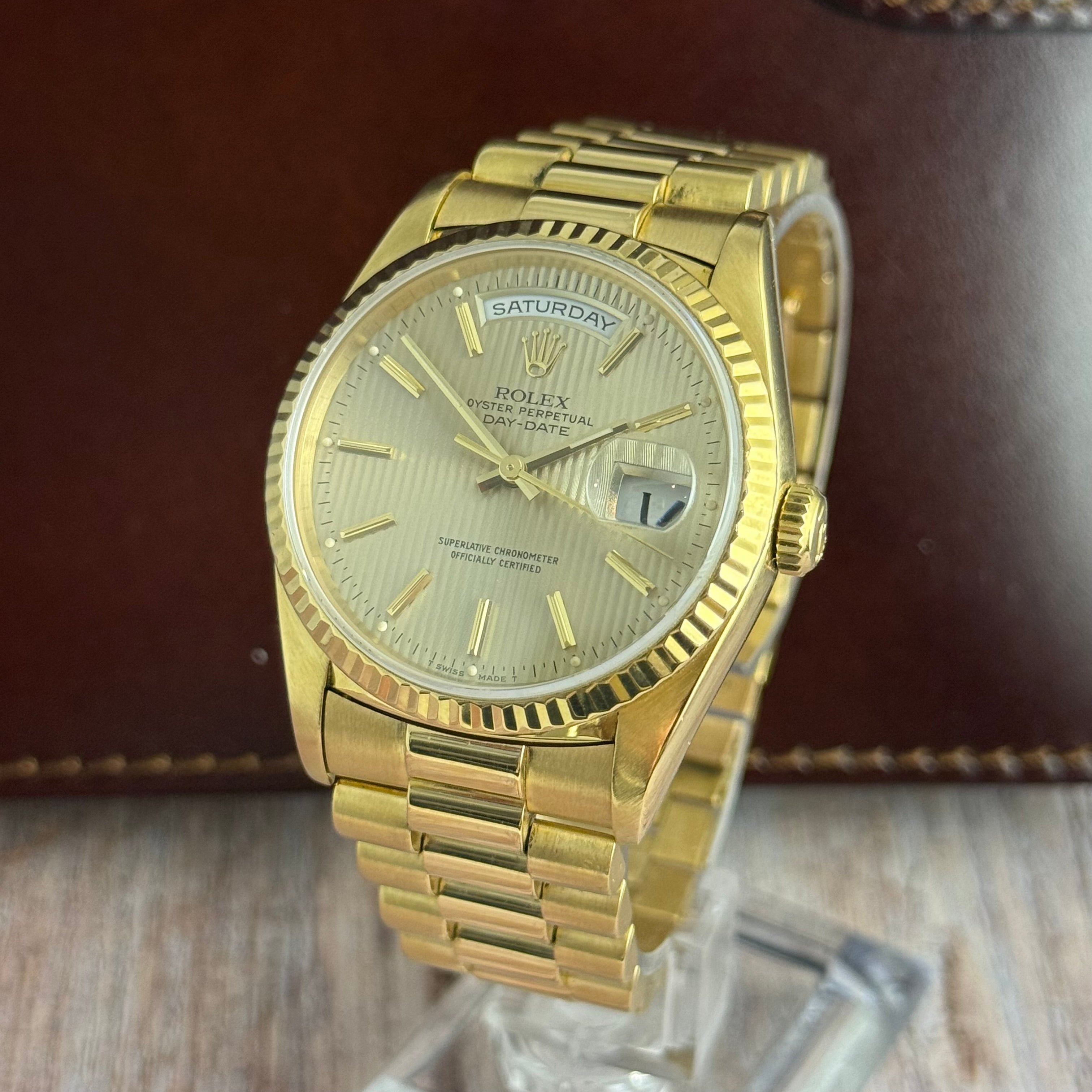 1989 Rolex Day-Date 36 ‘President’ men’s yellow gold watch tapestry dial gold jubilee bracelet, box & booklets