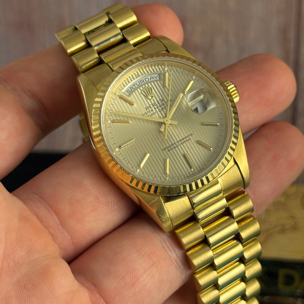 1989 Rolex Day-Date 36 ‘President’ men’s yellow gold watch tapestry dial gold jubilee bracelet, box & booklets