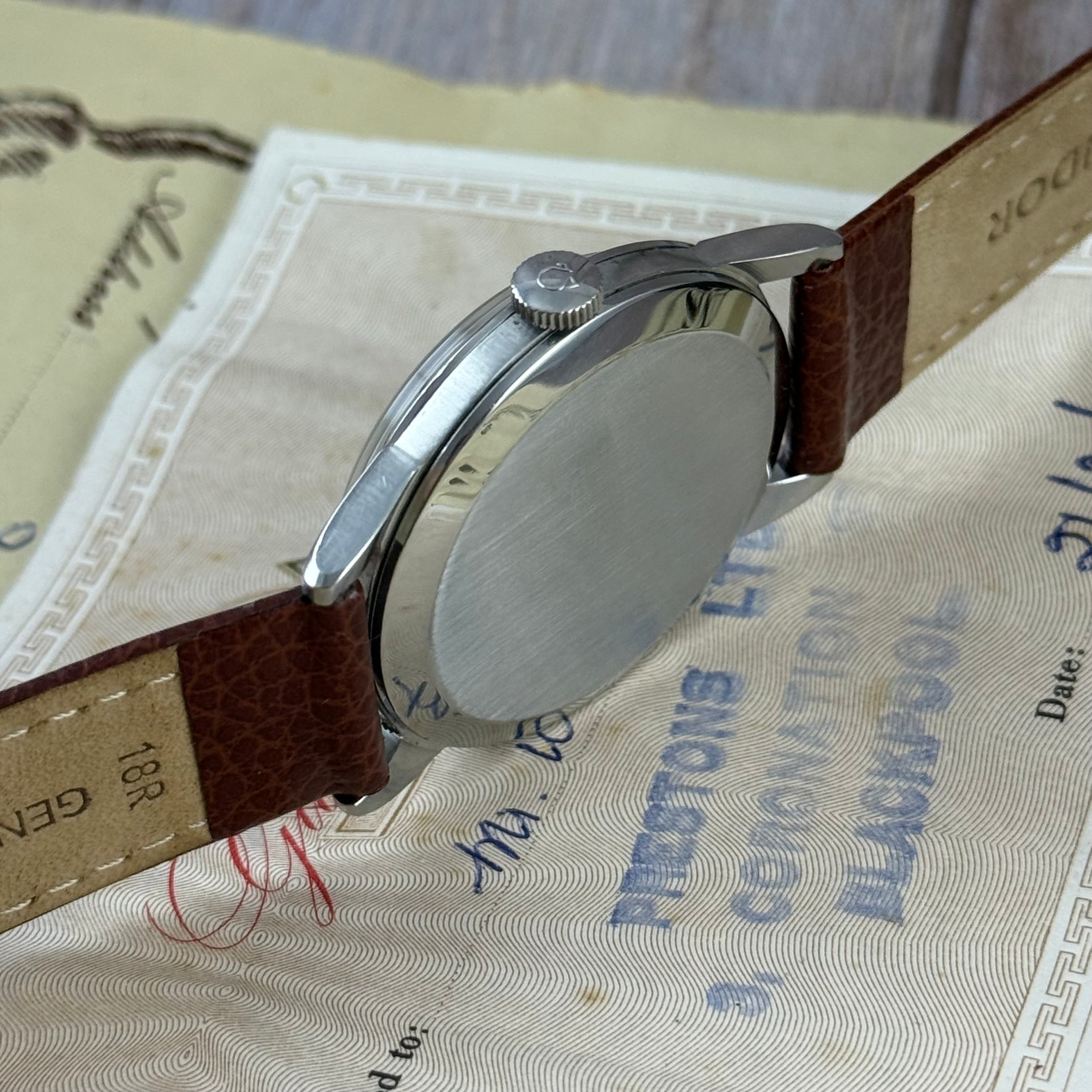 1958 Omega gentlemen’s steel wrist watch manual wind 34mm with papers ref (13332)