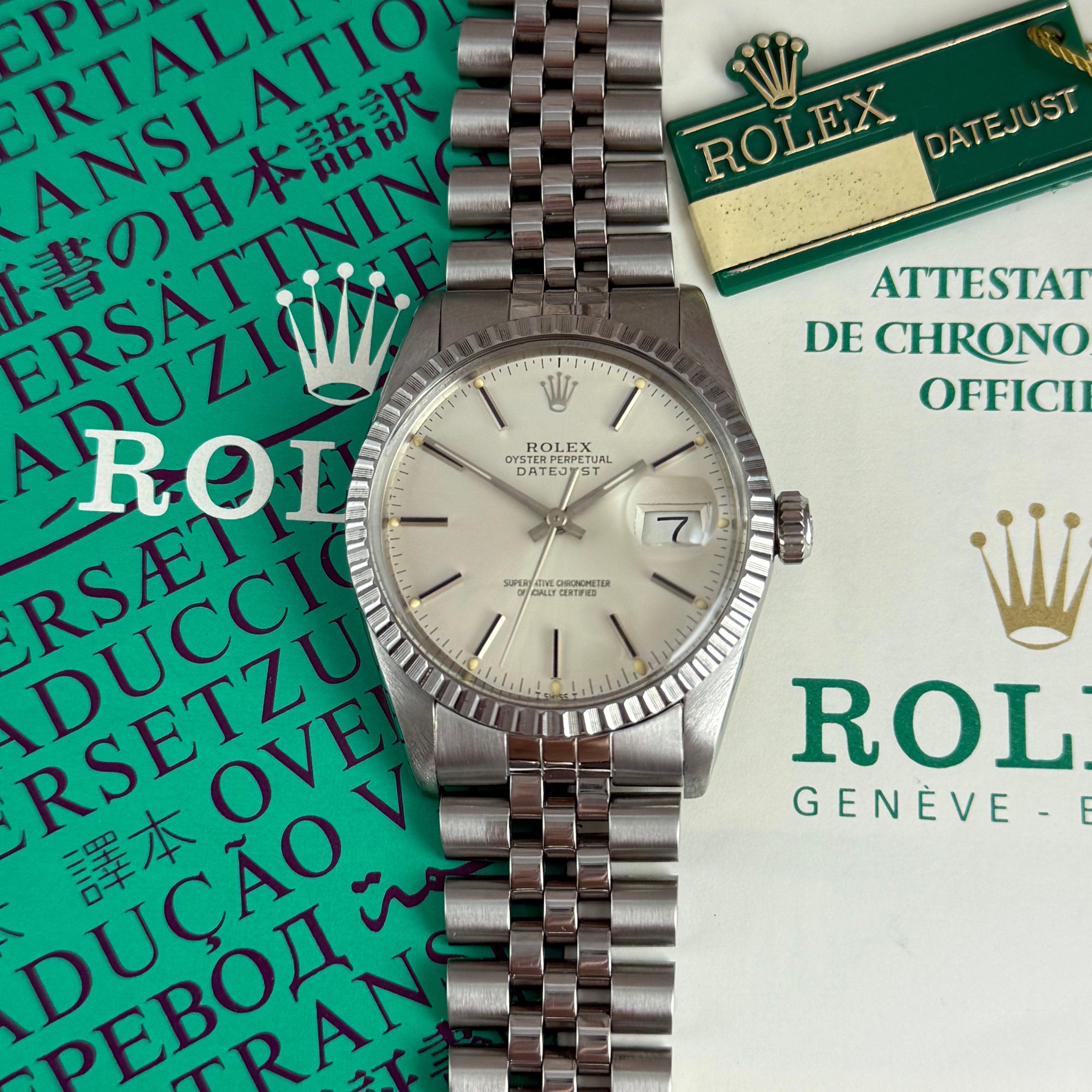 1983 Rolex Datejust 36 men’s steel wrist watch w box and papers (16030)