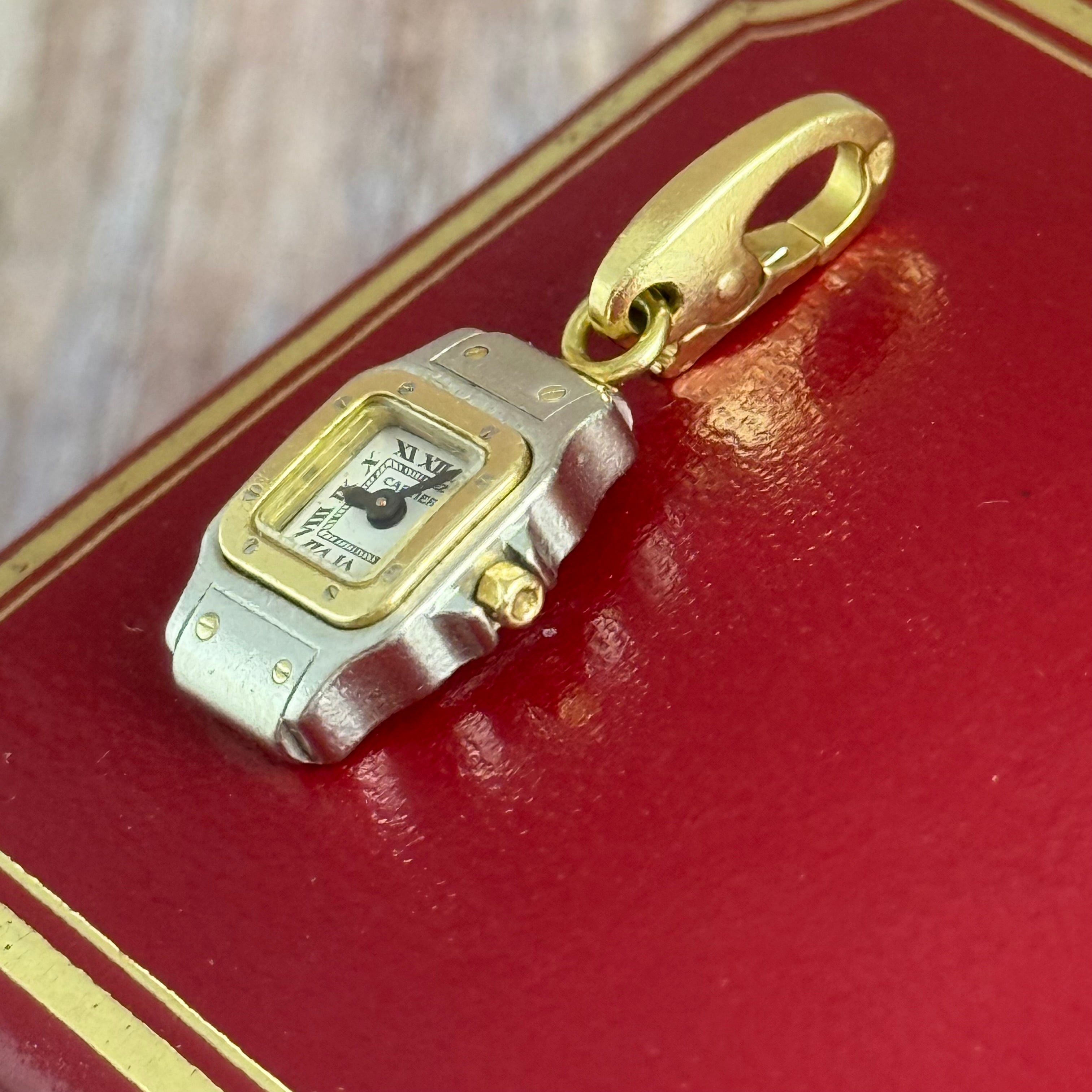 Vintage Cartier Santos Galbée Mini Watch Charm 18K Yellow Gold & Steel