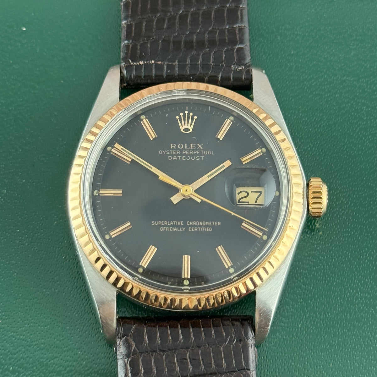 1974 Rolex Datejust 36 pink gold bi metal men’s wrist watch 1601 ‘black dial’ boxed
