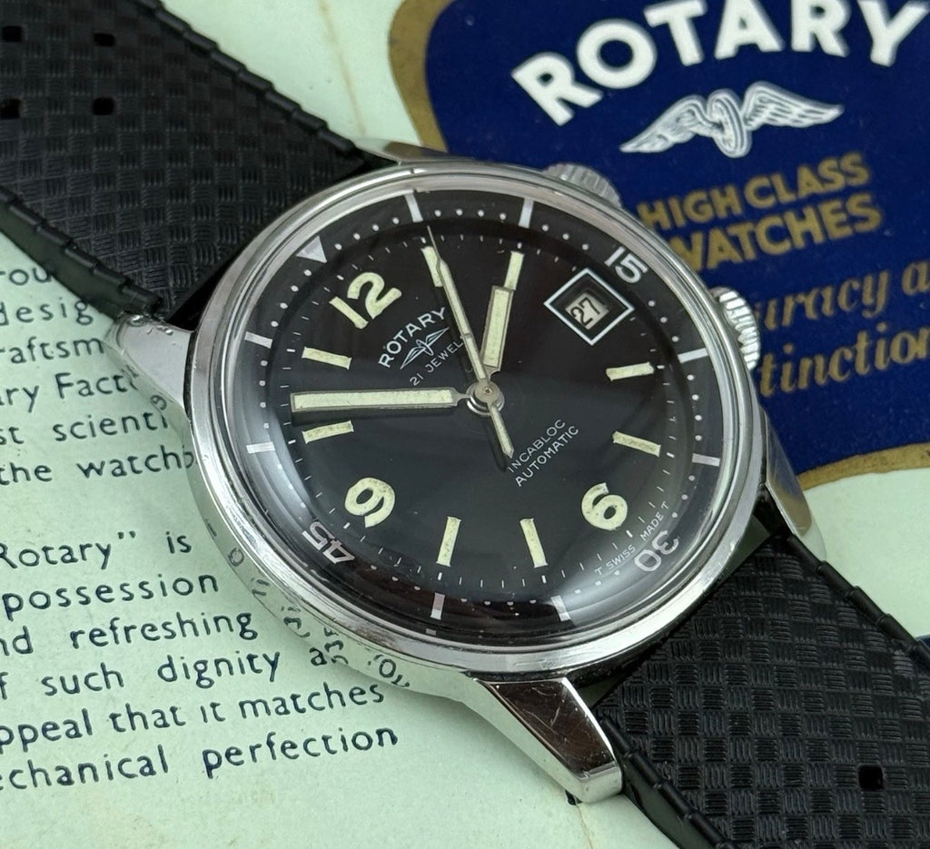 RARE VINTAGE ROTARY COMPRESSOR DIVER MEN WRISTWATCH 1960s Box & Papers 36mm