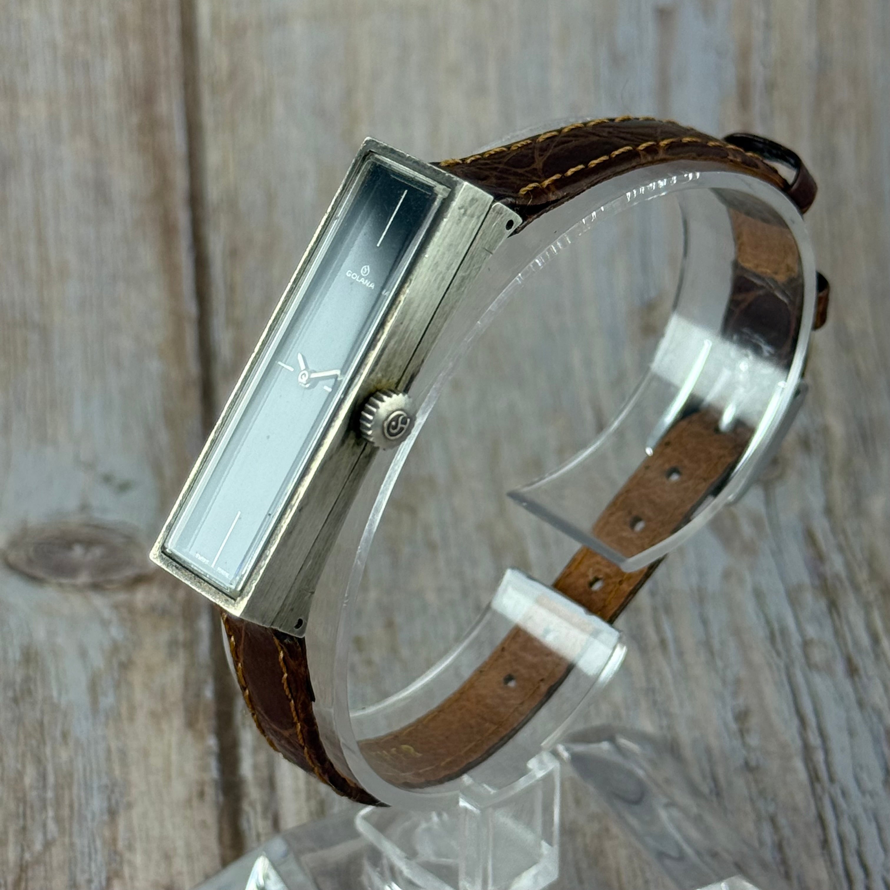 1970s .925 solid silver case Golana unisex watch manual wind ‘minimalist tank’ 12 x 40mm