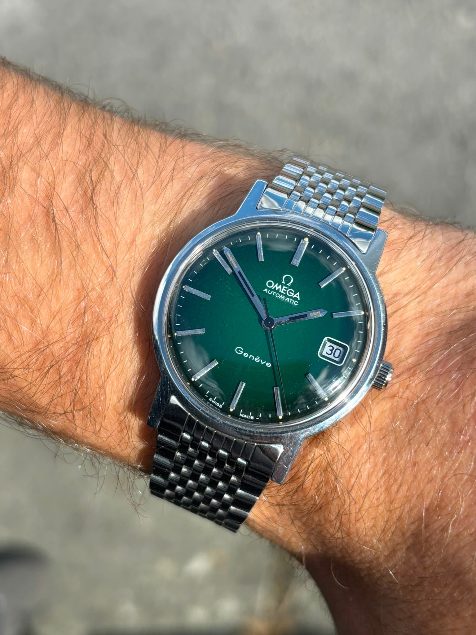 1972 Omega automatic Genéve green “money” dial men’s wrist watch