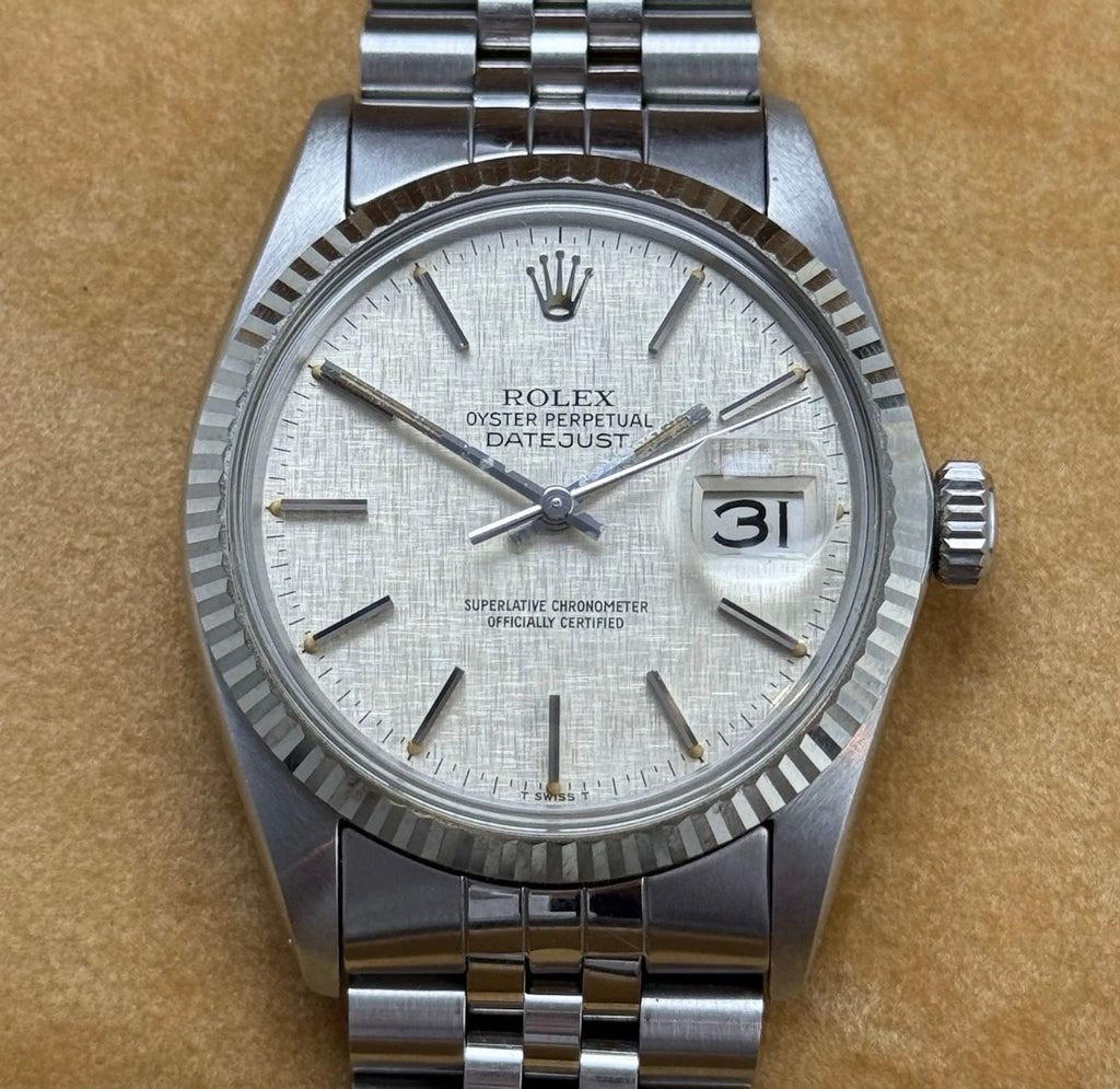 1980 Rolex Datejust 36 16014 Linen Dial 18ct Gold Bezel Full Set