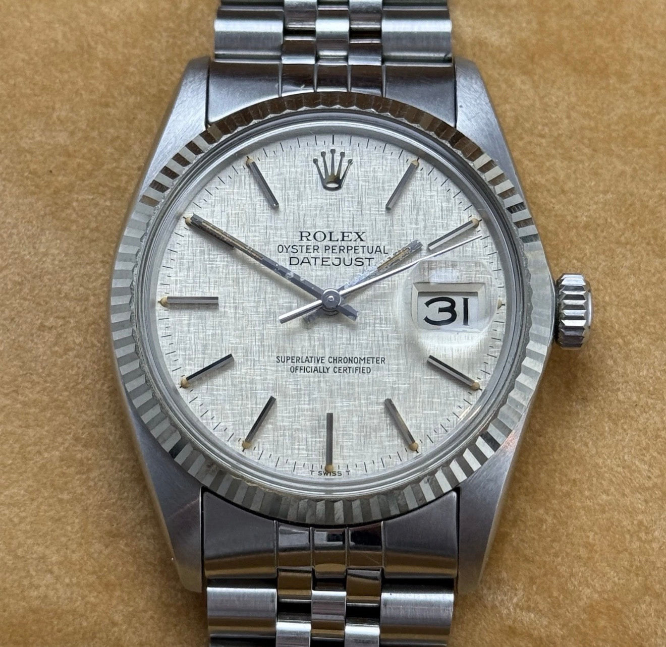 1980 Rolex Datejust 36 16014 Linen Dial 18ct Gold Bezel Full Set
