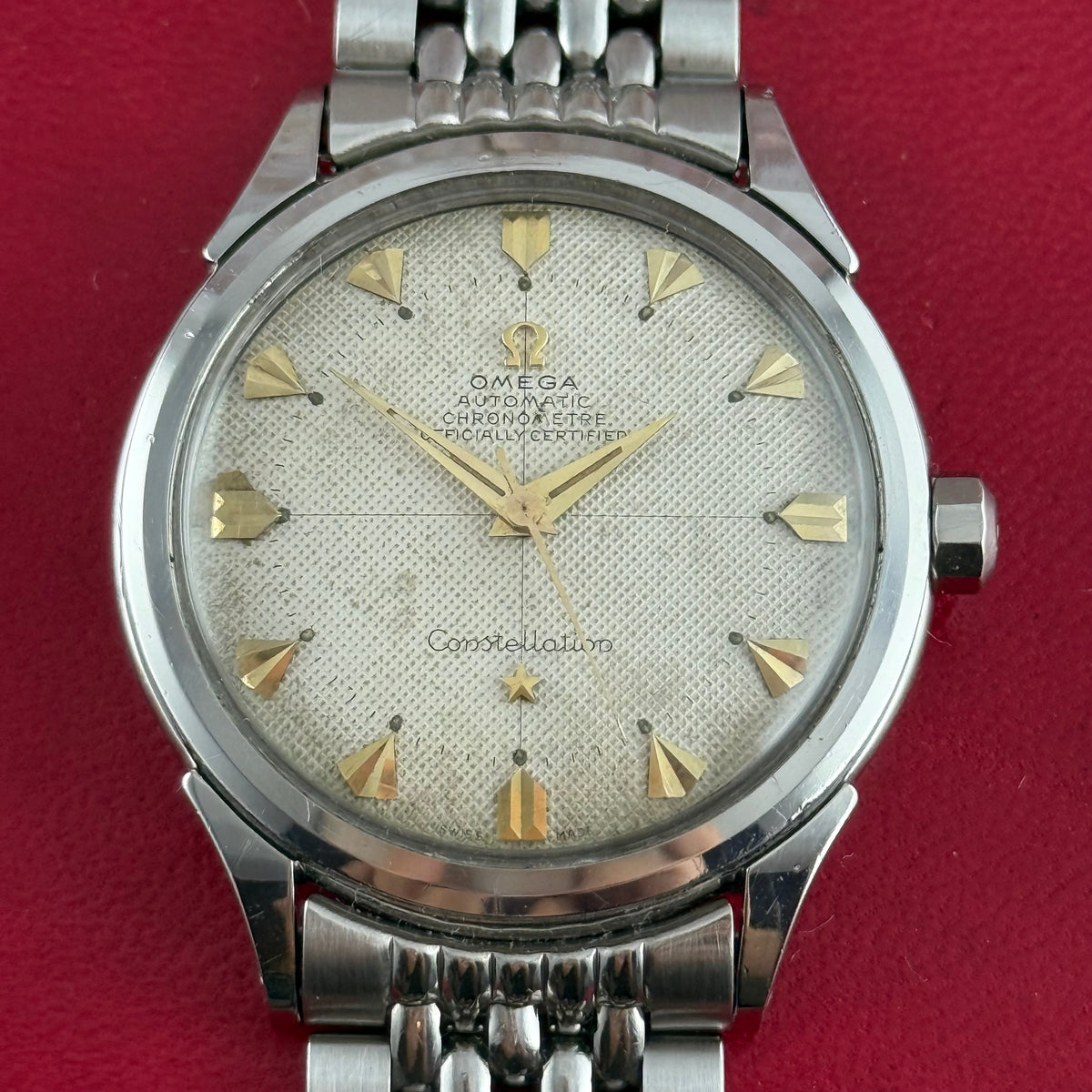 1952 Omega Constellation automatic ‘honeycomb’ dial men’s wrist watch 35mm steel boxed