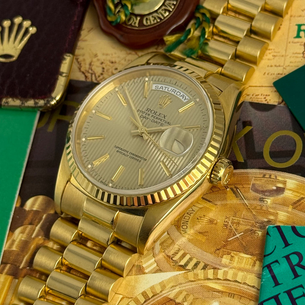1989 Rolex Day-Date 36 ‘President’ men’s yellow gold watch tapestry dial gold jubilee bracelet, box & booklets
