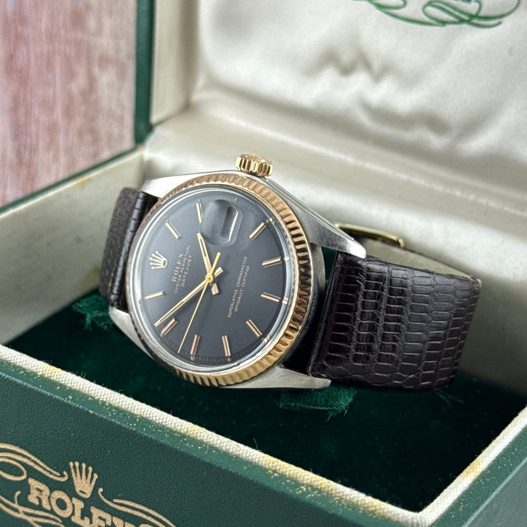 1974 Rolex Datejust 36 pink gold bi metal men’s wrist watch 1601 ‘black dial’ boxed