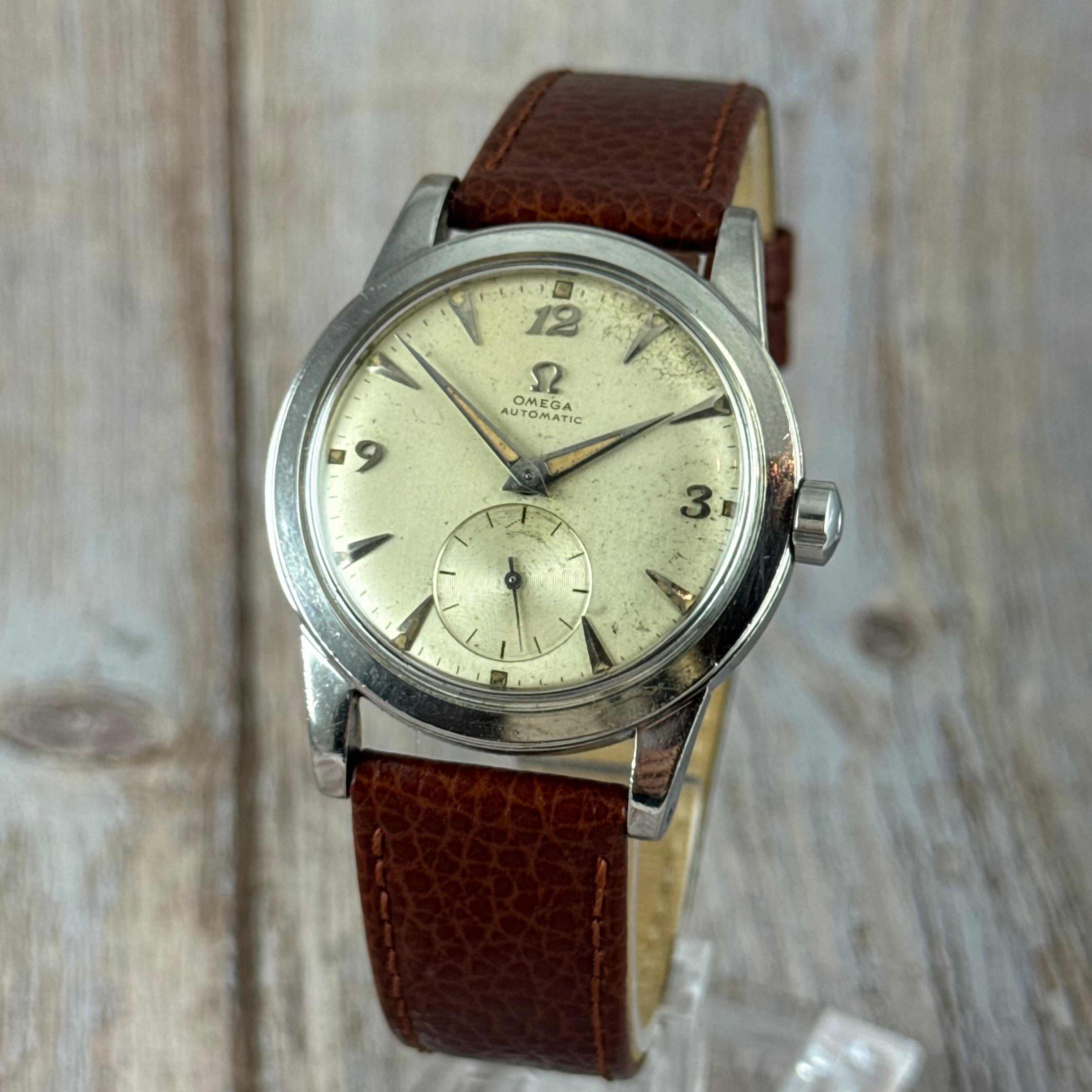 1950 Omega Seamaster “bumper” automatic breguet numerals men’s watch 35mm
