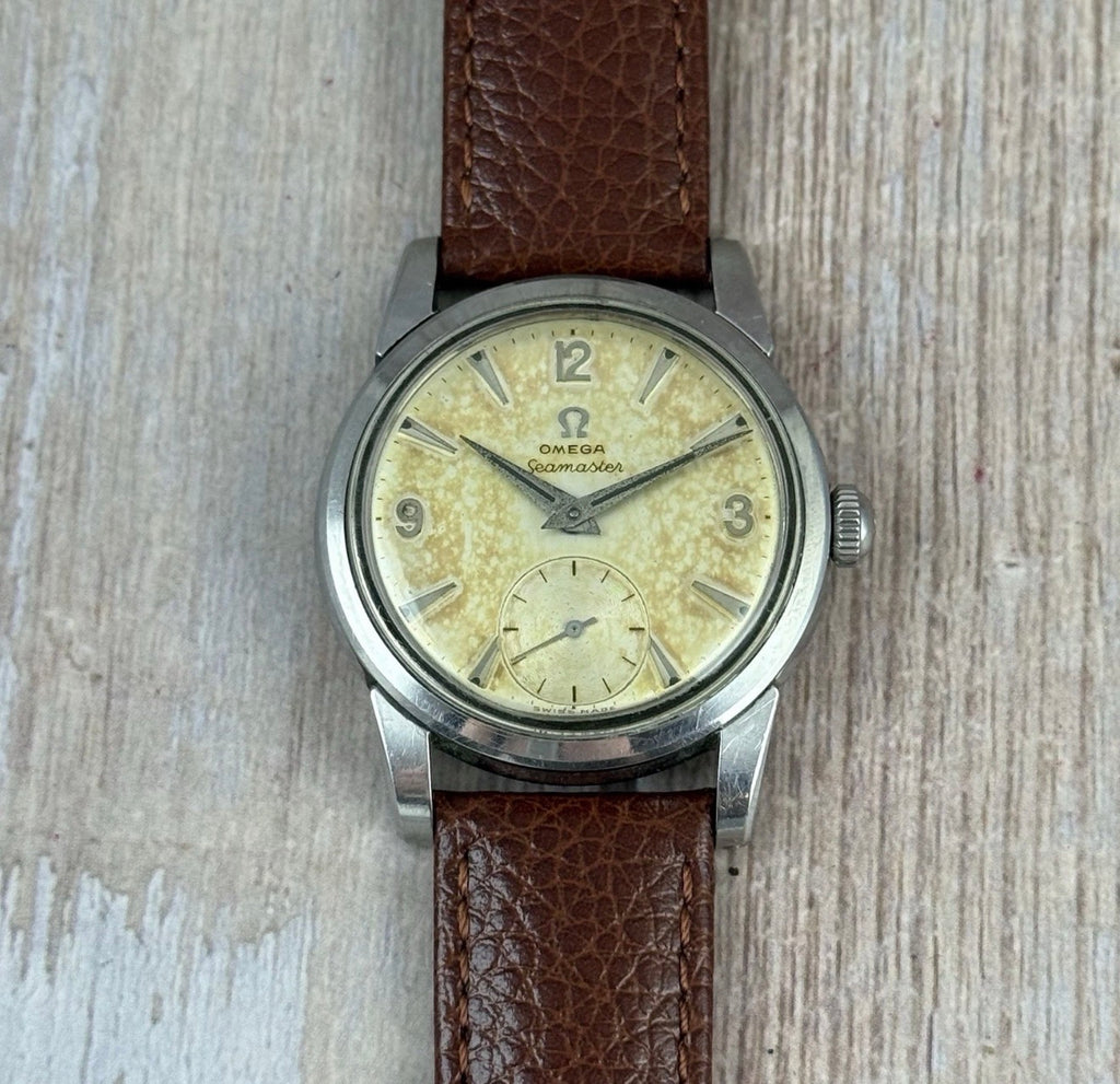 1954 Omega Seamaster Men’s Steel Watch ‘pumpkin’ Patina 34mm Vintage Manual