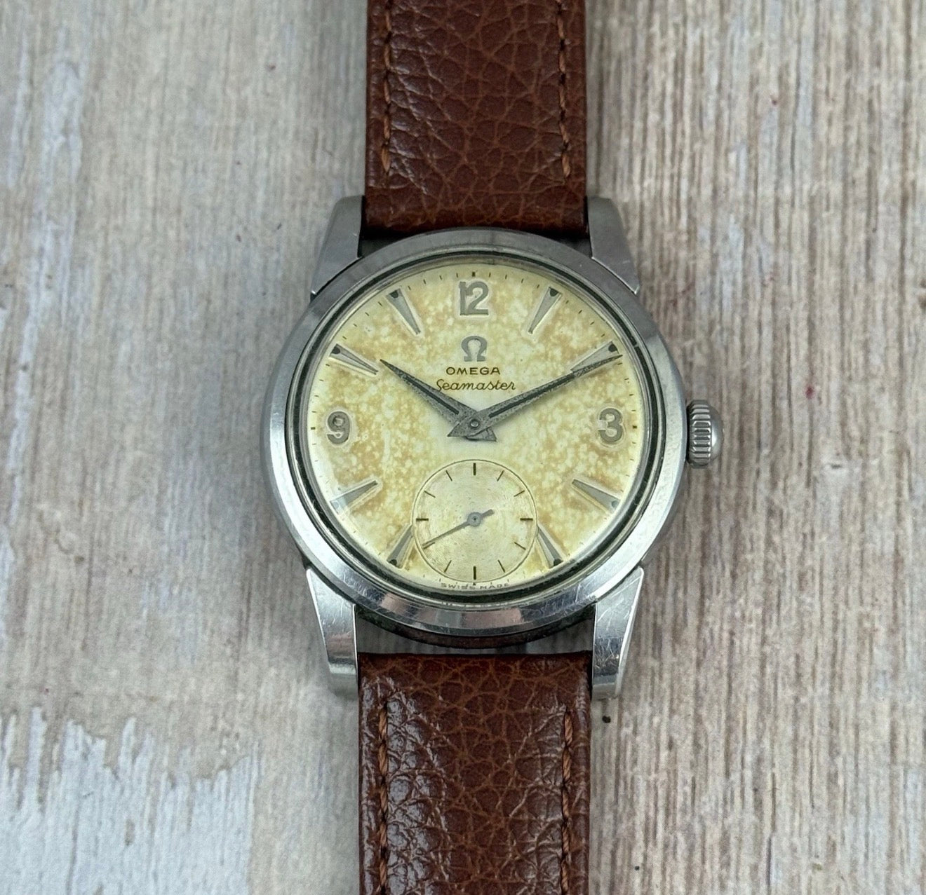 1954 Omega Seamaster Men’s Steel Watch ‘pumpkin’ Patina 34mm Vintage Manual