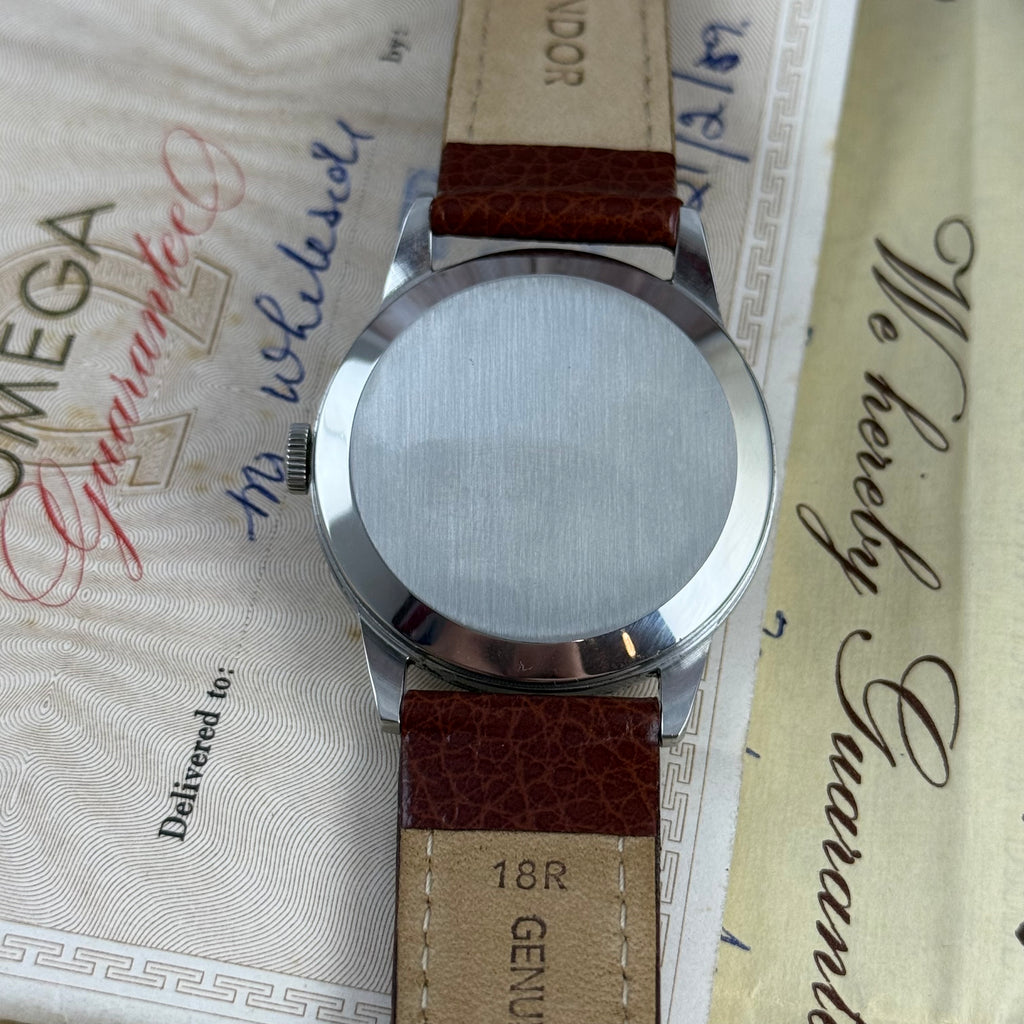 1958 Omega gentlemen’s steel wrist watch manual wind 34mm with papers ref (13332)