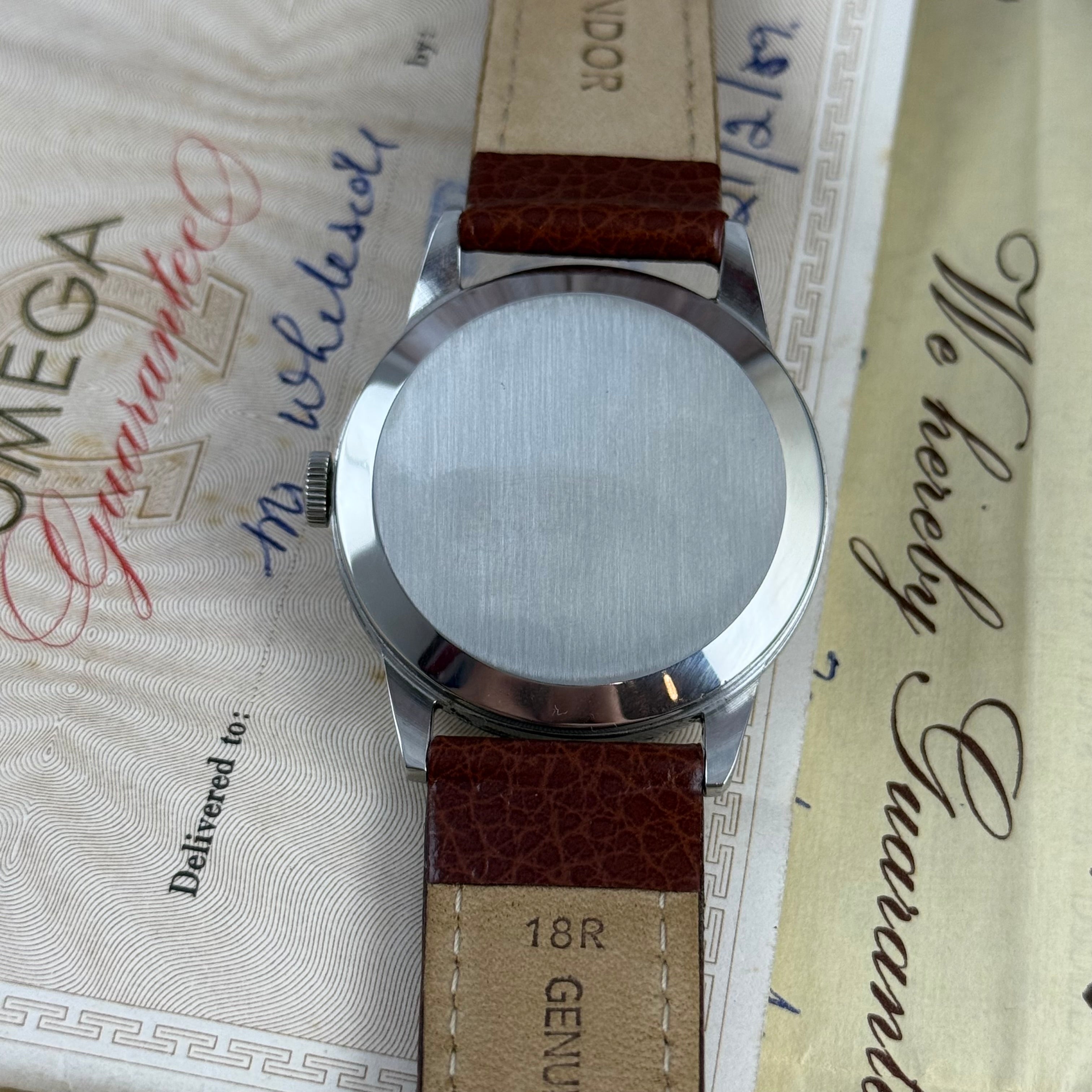 1958 Omega gentlemen’s steel wrist watch manual wind 34mm with papers ref (13332)