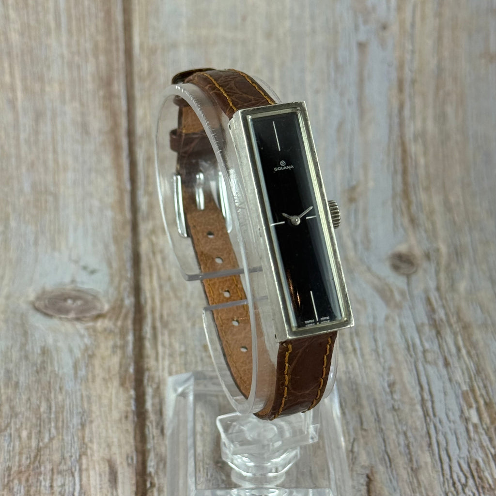 1970s .925 solid silver case Golana unisex watch manual wind ‘minimalist tank’ 12 x 40mm