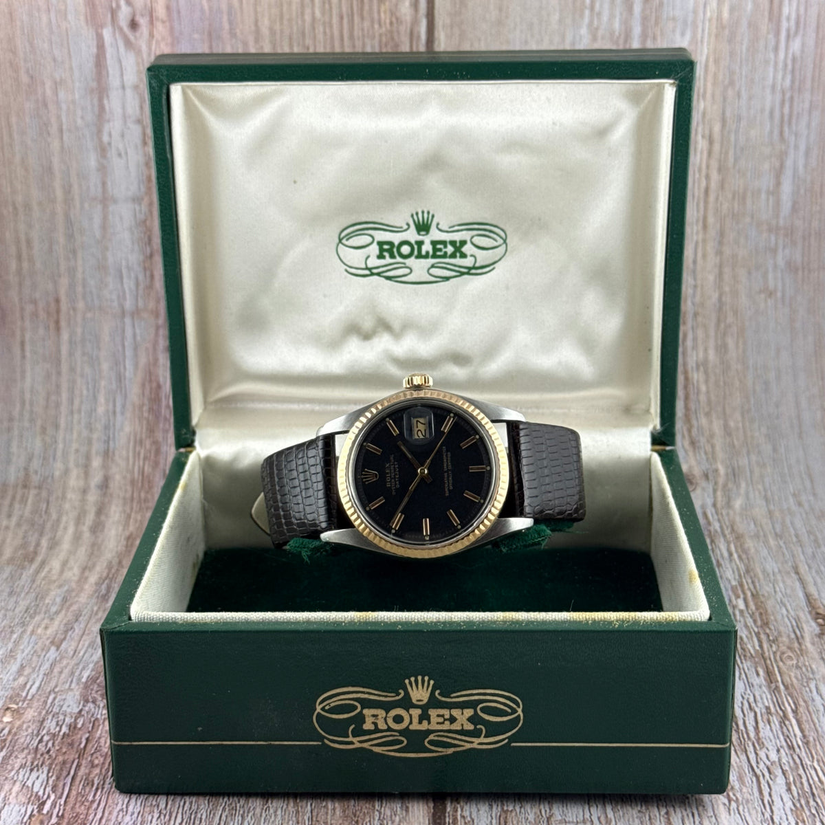 1974 Rolex Datejust 36 pink gold bi metal men’s wrist watch 1601 ‘black dial’ boxed