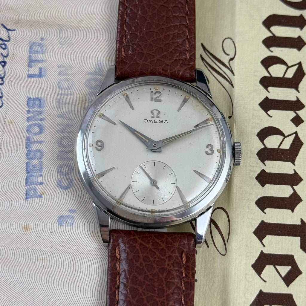 1958 Omega gentlemen’s steel wrist watch manual wind 34mm with papers ref (13332)