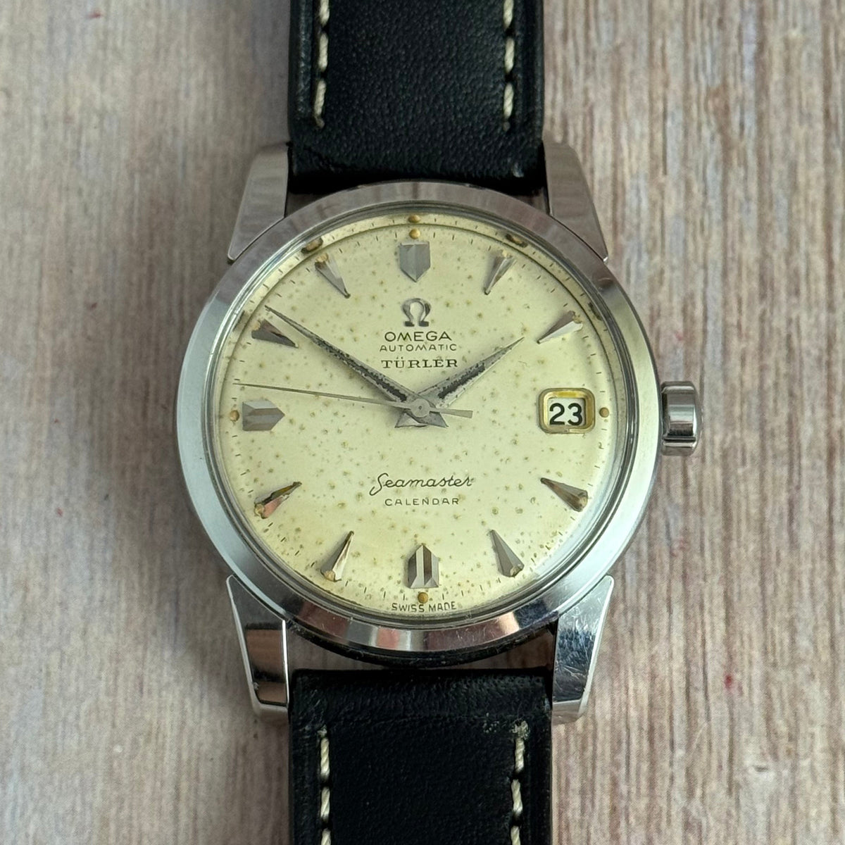 1958 Omega double signed “Türler’ seamaster calendar men’s automatic wrist watch