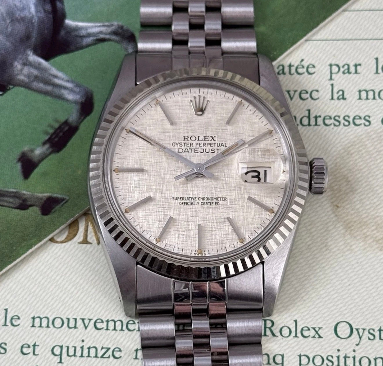 1980 Rolex Datejust 36 16014 Linen Dial 18ct Gold Bezel Full Set