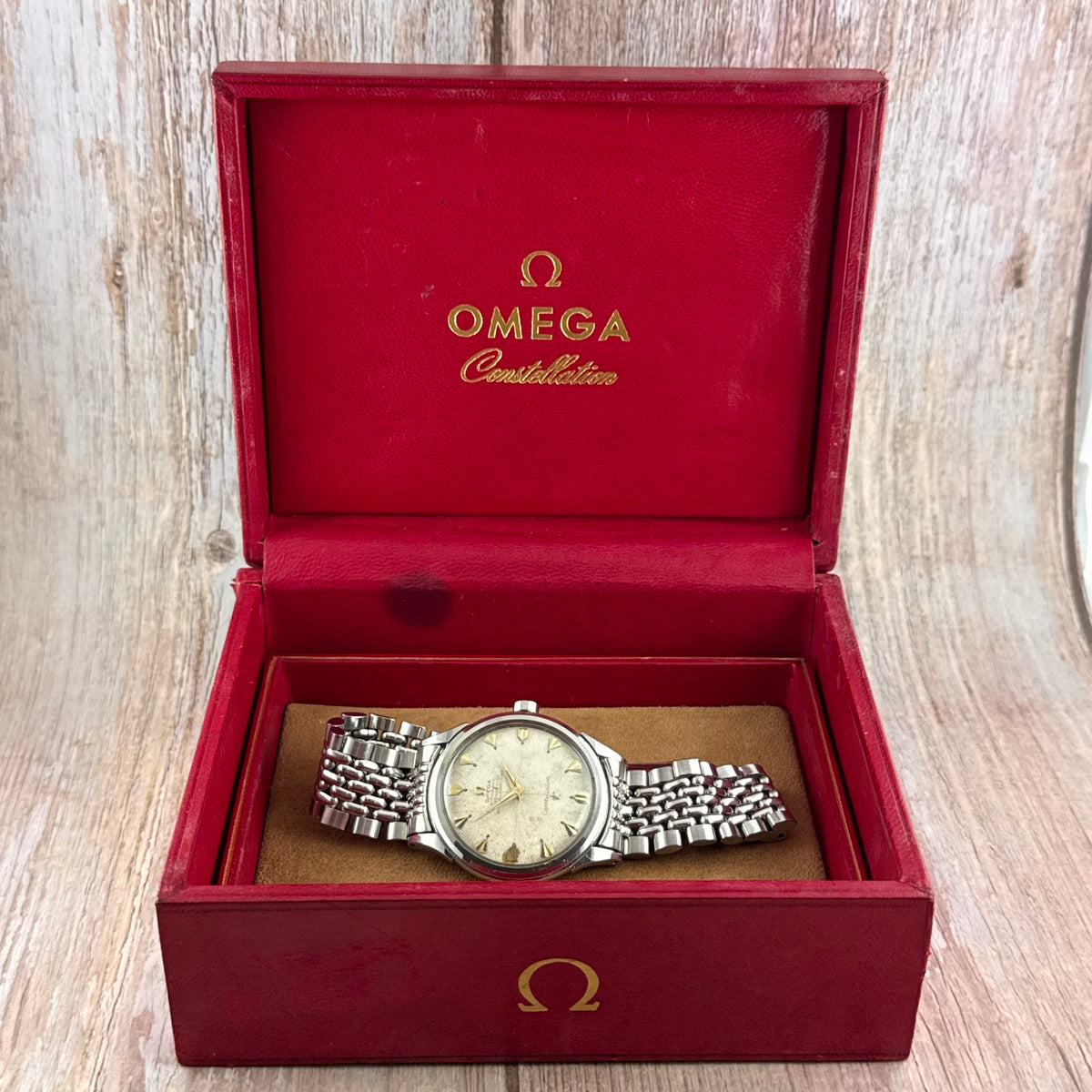 1952 Omega Constellation automatic ‘honeycomb’ dial men’s wrist watch 35mm steel boxed