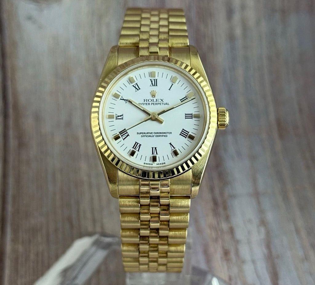 18ct Rolex Oyster Perpetual 31 Ladies Solid Gold Watch Bracelet Box Papers 1996