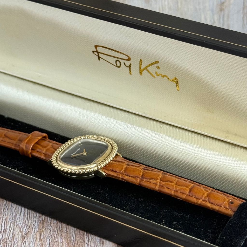 1970s Roy King 9ct solid gold ladies watch onyx dial boxed