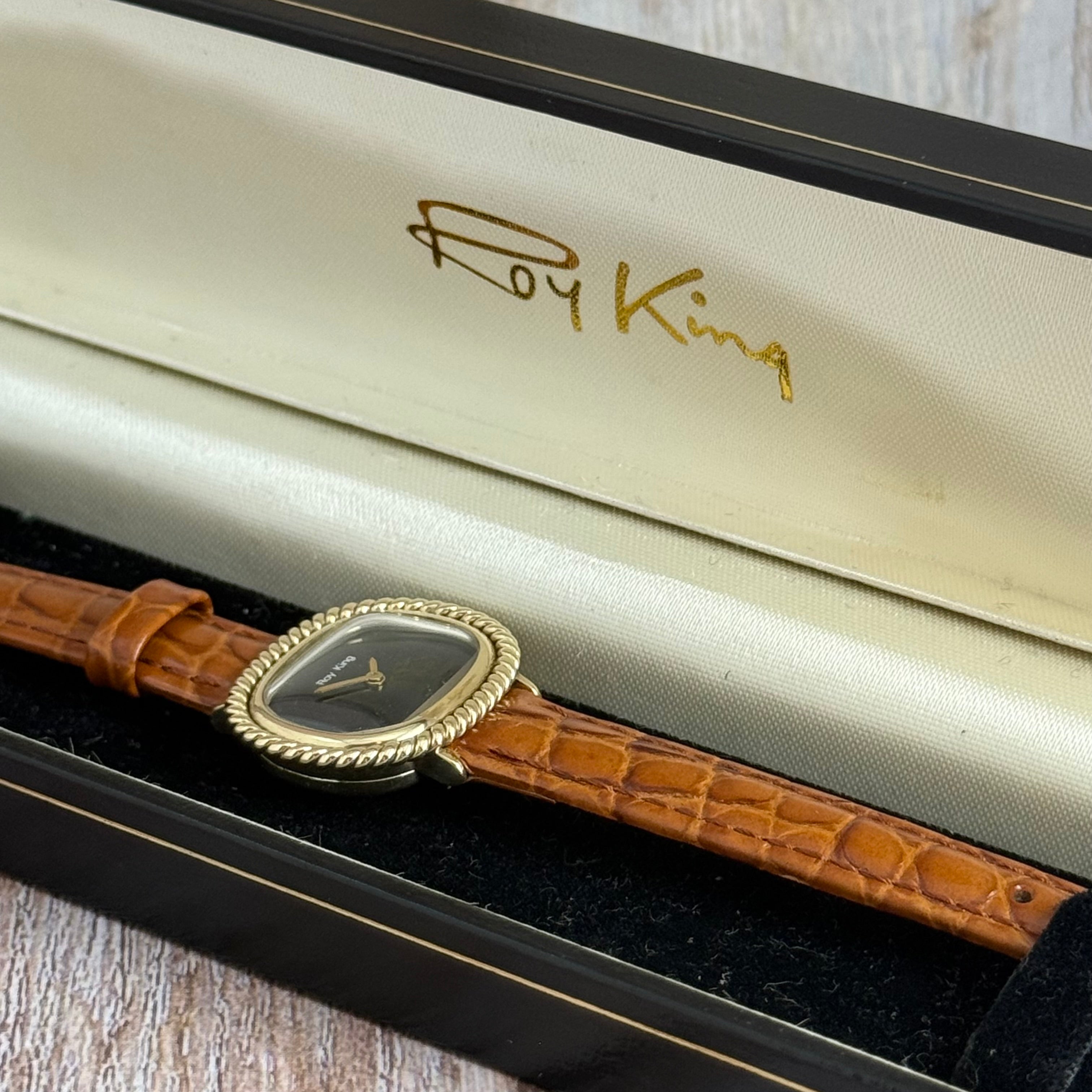 1970s Roy King 9ct solid gold ladies watch onyx dial boxed