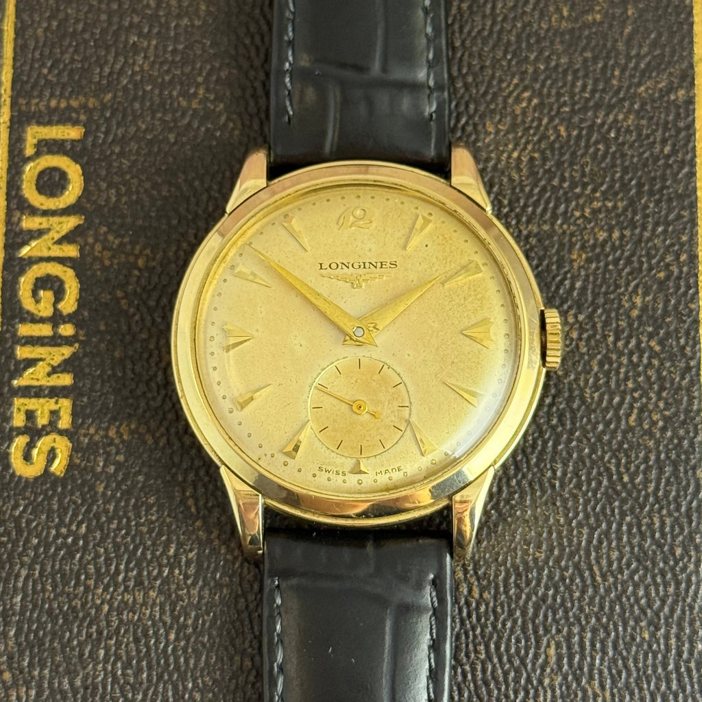 9ct gold Longines gentlemen’s manual wind wrist watch 1950s boxed