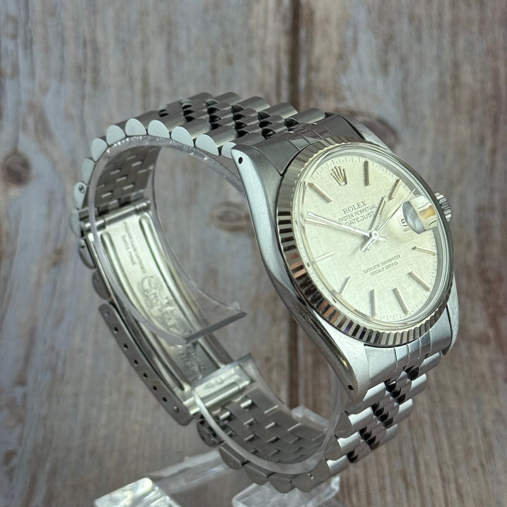 1980 ROLEX DATEJUST 36
16014 LINEN DIAL 18CT
GOLD BEZEL FULL SET