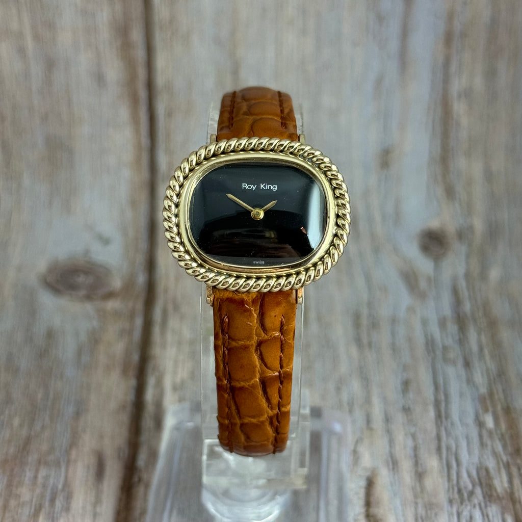 1970s Roy King 9ct solid gold ladies watch onyx dial boxed