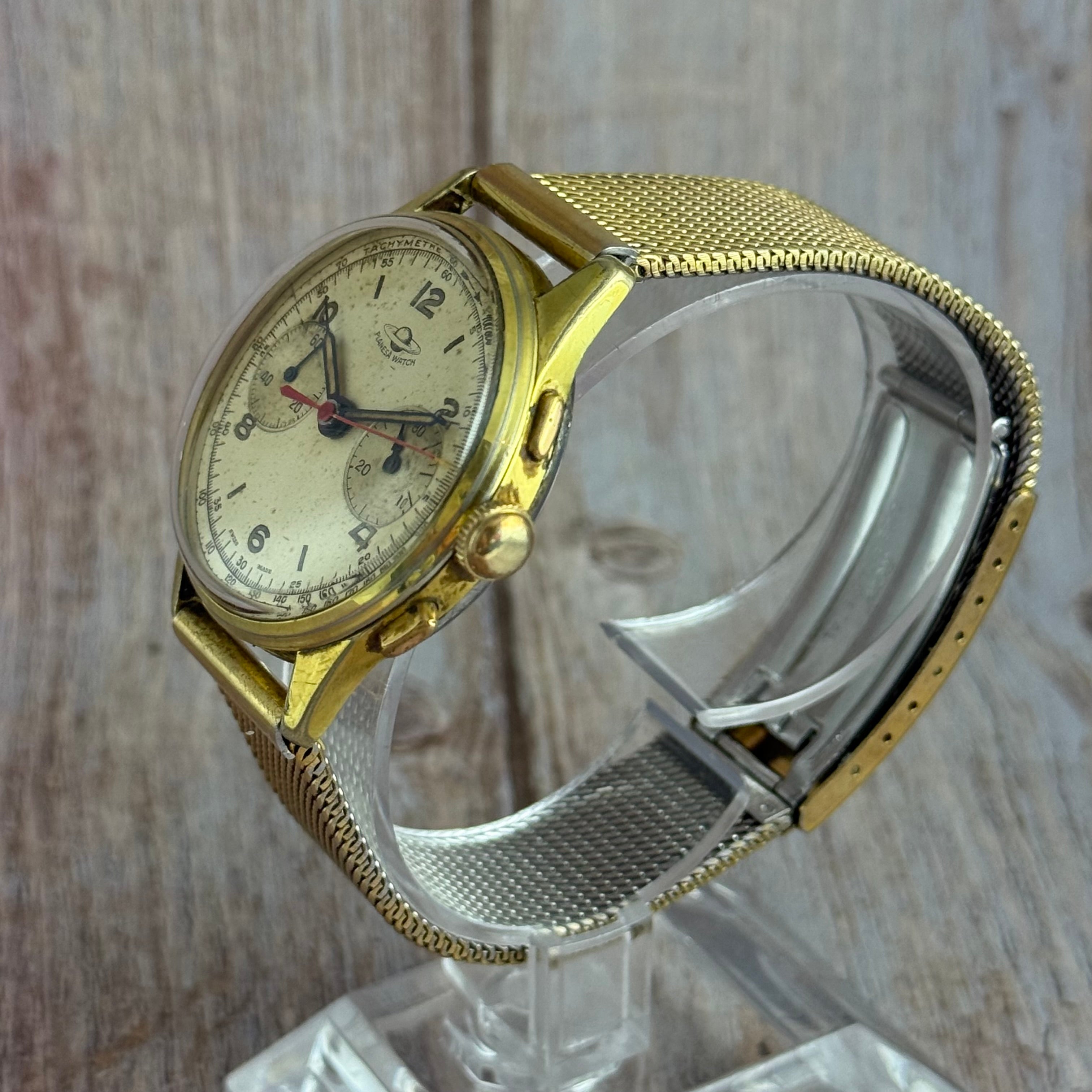 1950s Planesa Watch Men’s Swiss Chronograph Wrist Watch Gold Plated 36mm Working