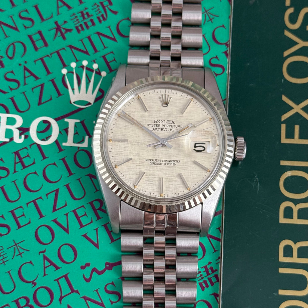 1980 ROLEX DATEJUST 36
16014 LINEN DIAL 18CT
GOLD BEZEL FULL SET