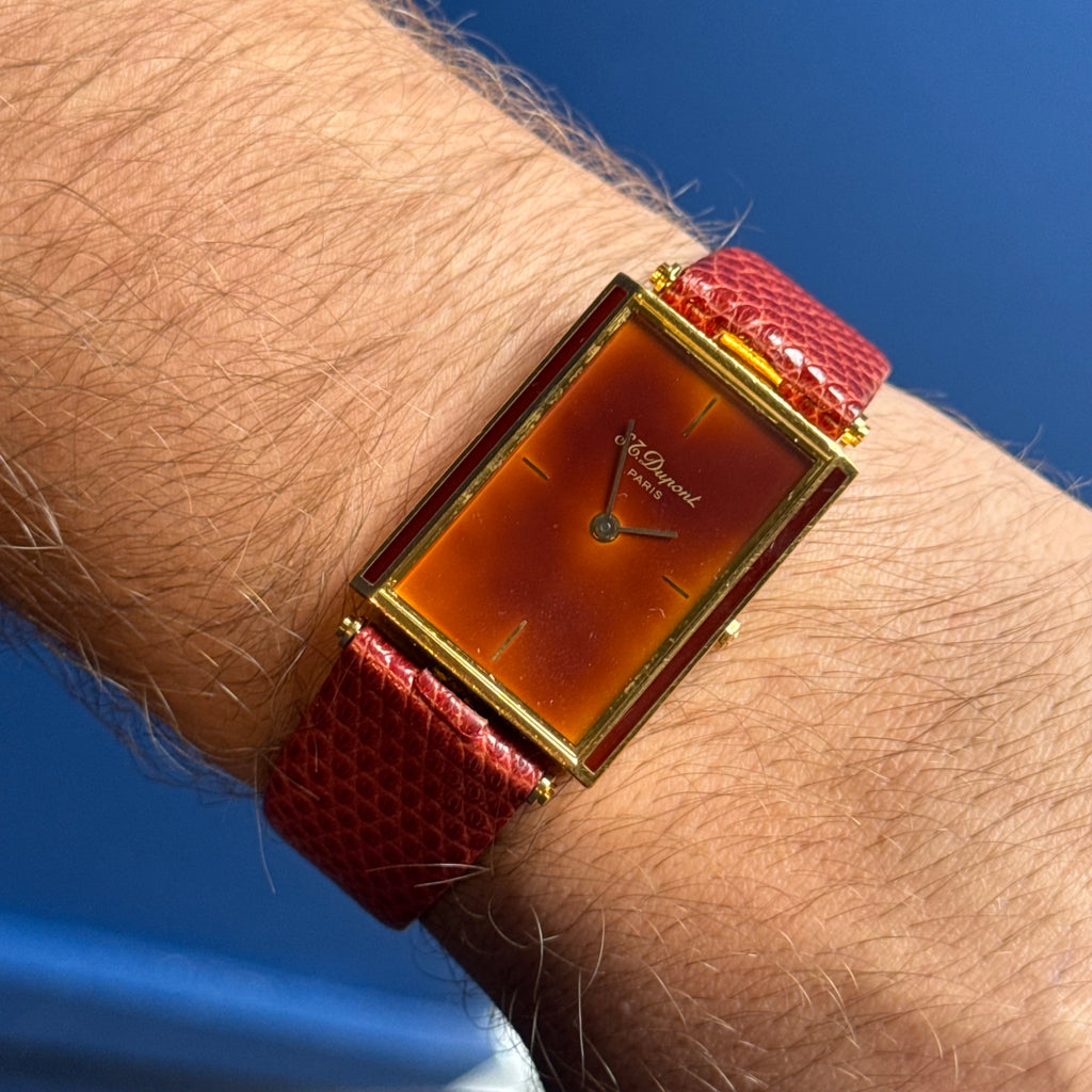 1980s S T Dupont Chinese Lacquer Quartz Oversized Tank Mens Watch