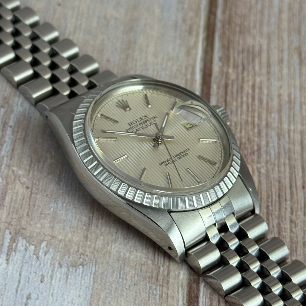 1986 Rolex Datejust 36 silver “tapestry” steel men’s watch boxed MINT CONDITION
