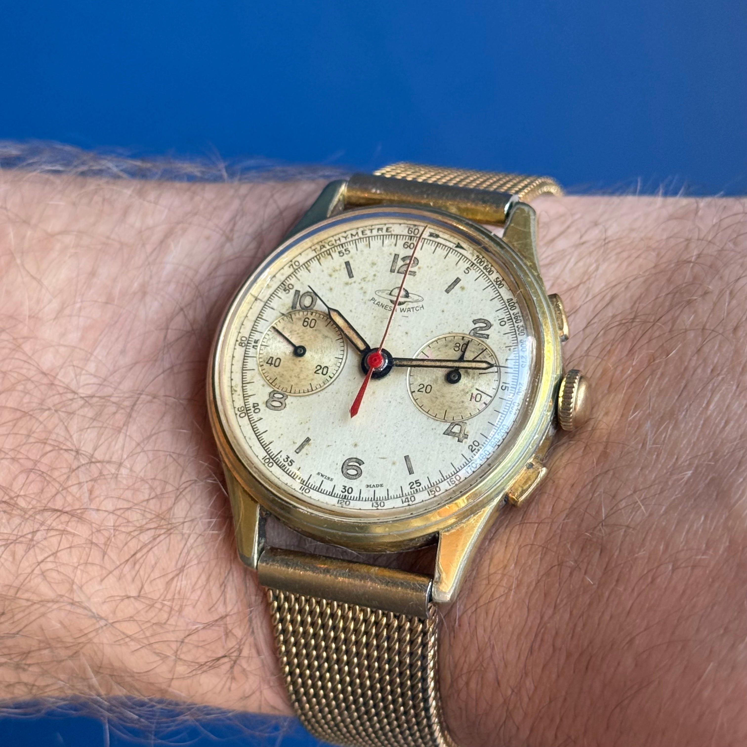 1950s Planesa Watch Men’s Swiss Chronograph Wrist Watch Gold Plated 36mm Working
