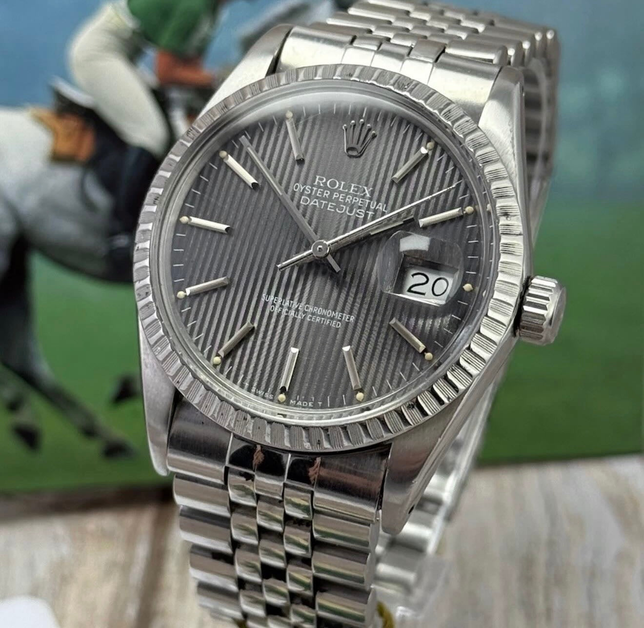 1985 Rolex Datejust 36 grey tapestry dial men’s watch with box & papers