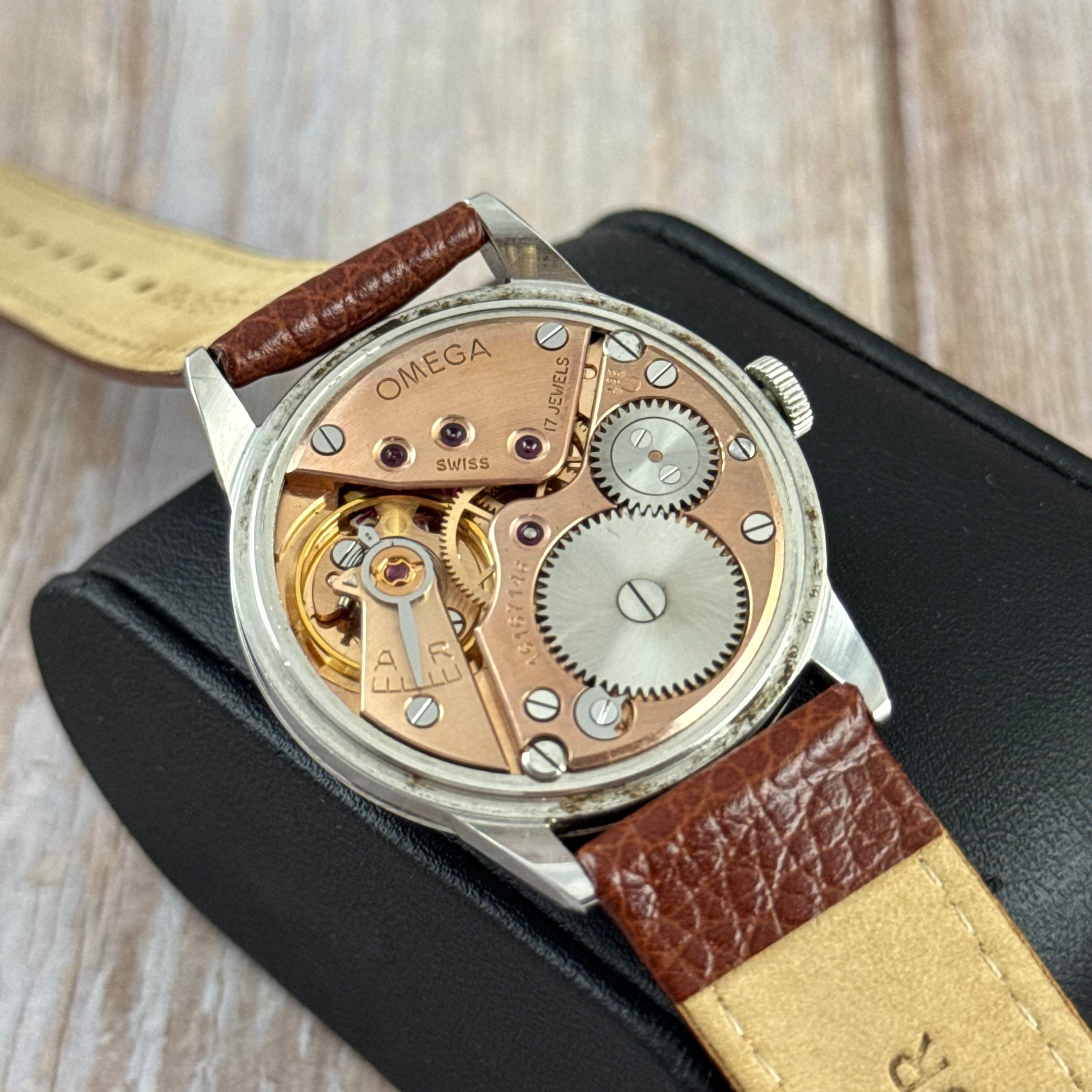 1958 Omega gentlemen’s steel wrist watch manual wind 34mm with papers ref (13332)