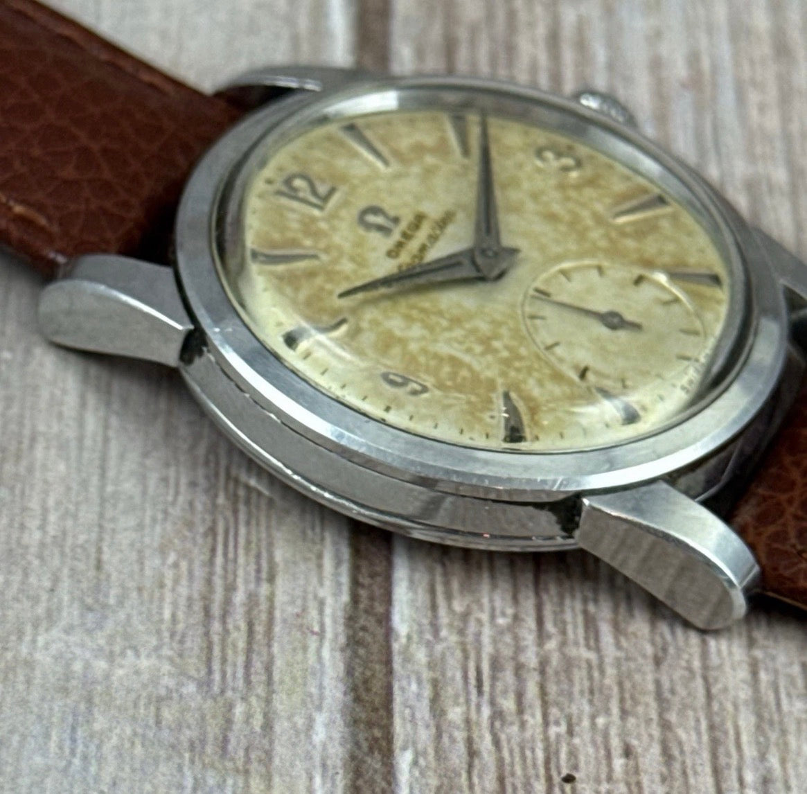 1954 Omega Seamaster Men’s Steel Watch ‘pumpkin’ Patina 34mm Vintage Manual