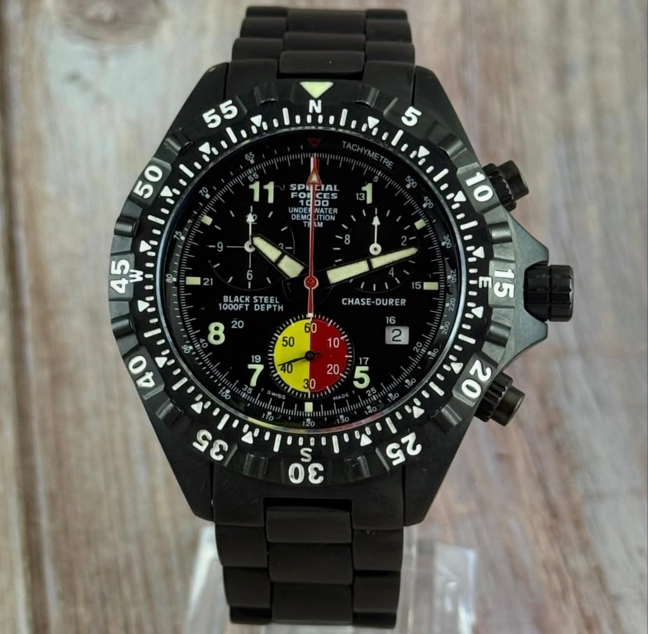 1990s Chase-Durer Special Forces 1000ft military Black Steel Chronograph Mens Watch NOS