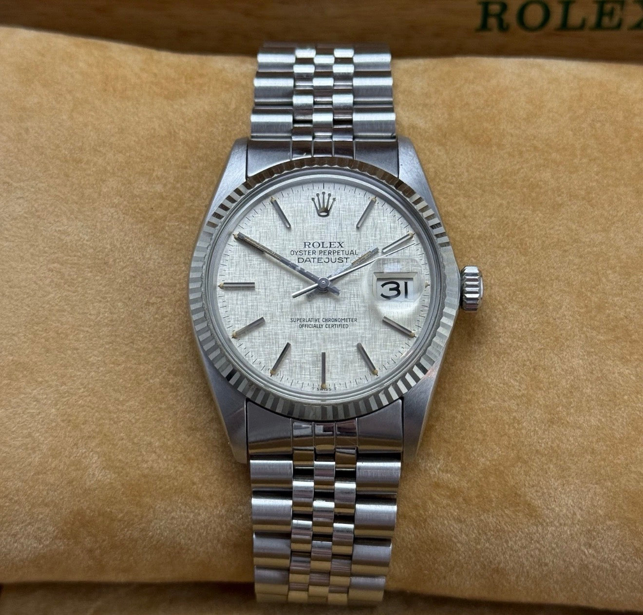 1980 Rolex Datejust 36 16014 Linen Dial 18ct Gold Bezel Full Set