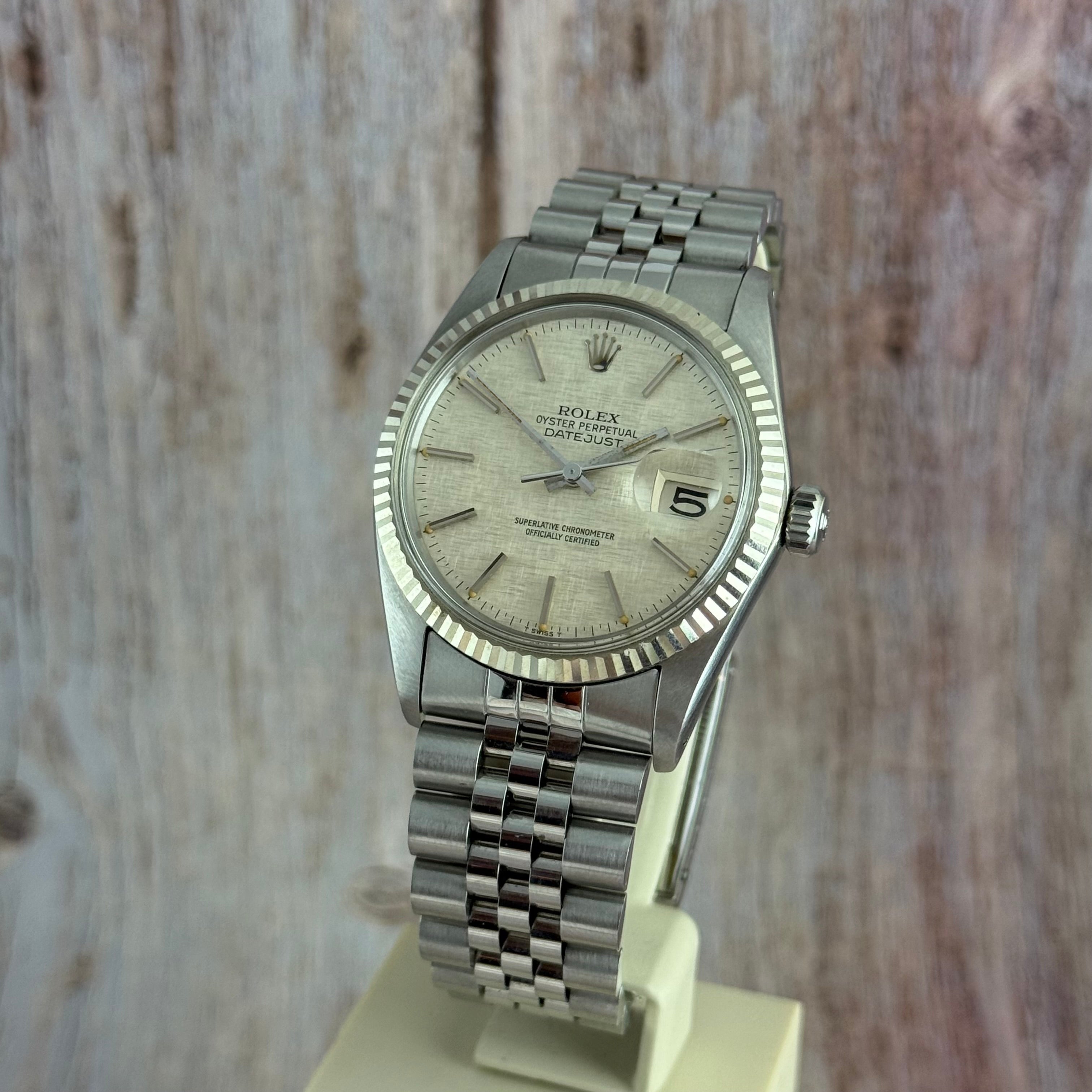 1980 ROLEX DATEJUST 36
16014 LINEN DIAL 18CT
GOLD BEZEL FULL SET