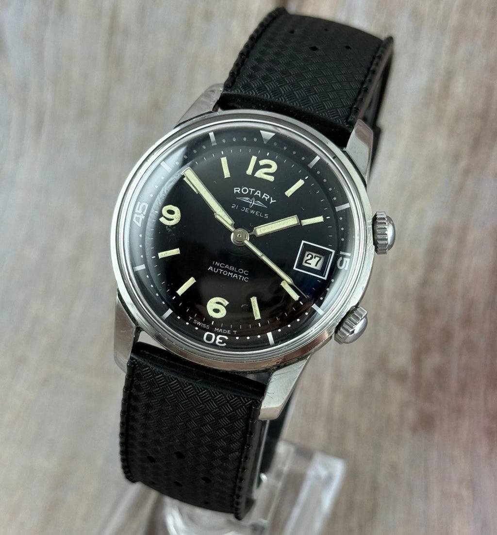 RARE VINTAGE ROTARY COMPRESSOR DIVER MEN WRISTWATCH 1960s Box & Papers 36mm