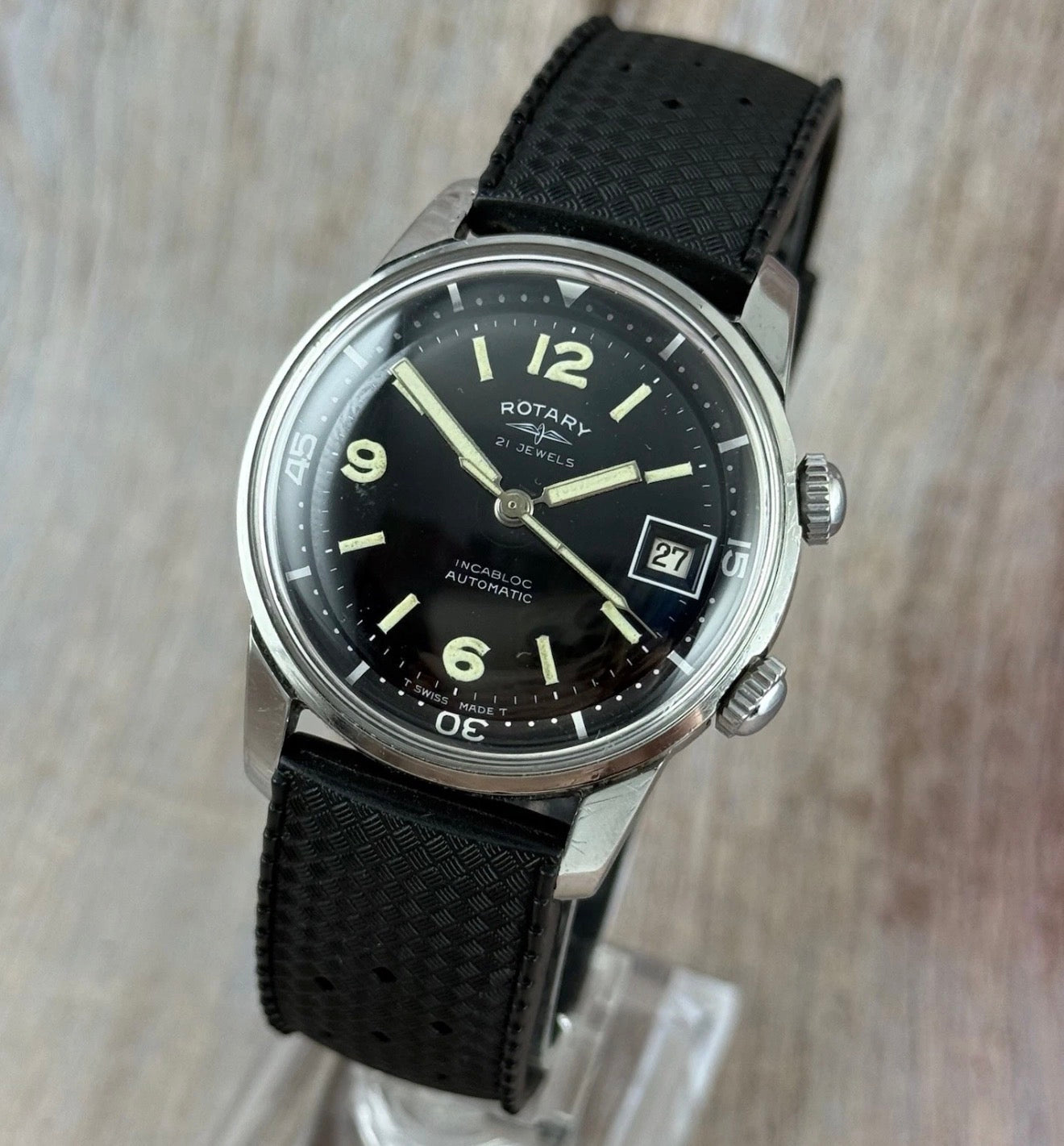 RARE VINTAGE ROTARY COMPRESSOR DIVER MEN WRISTWATCH 1960s Box & Papers 36mm